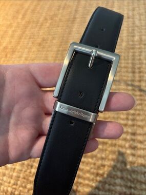 Ermenegildo Zegna Black Leather Belt with Silver-Tone Buckle and Branded Keeper